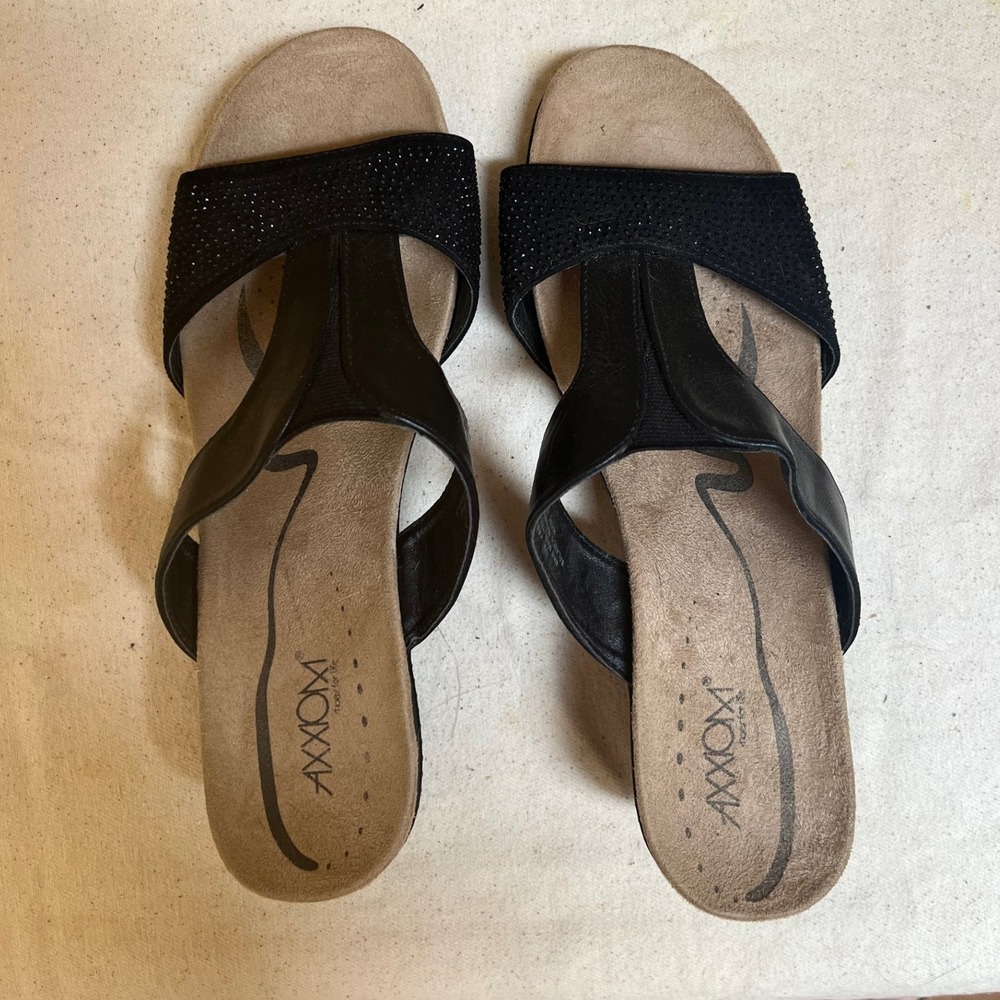 Axxiom Arika Black Rhinestone Wedge Slide Sandals Bling Bedazzled Comfort